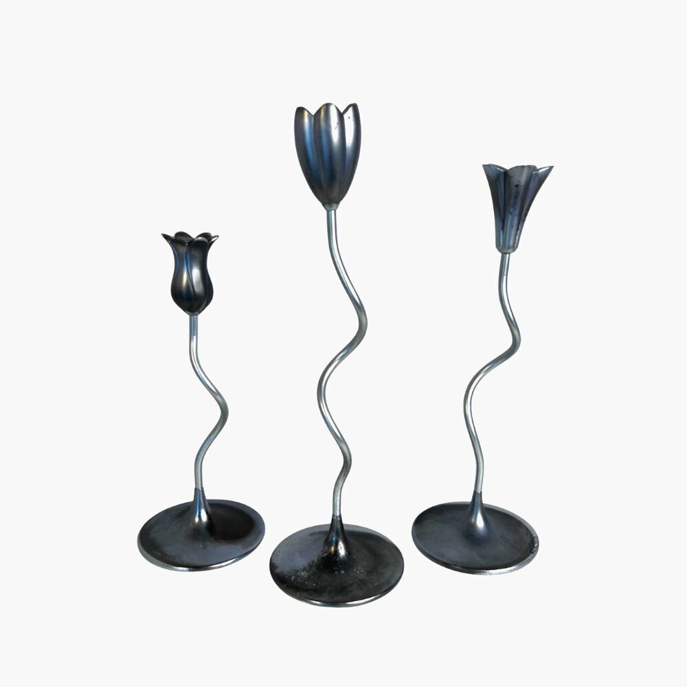Partylite Trio of Dancing Flowers Slim Candle Holder Sticks Silver Metal-Retired